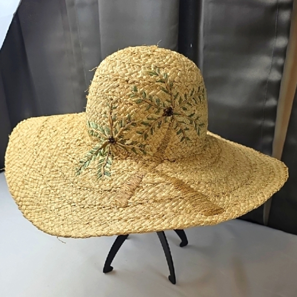 Unbranded Women's Straw Sun Hat W/‎ Embroidered Beaded Palm Tree Design 21" GUC